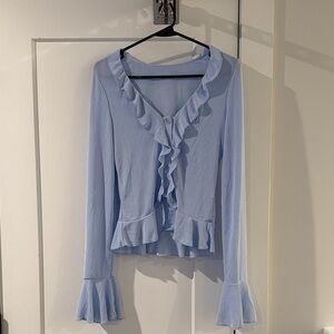 Light Blue Ruffle-Trim Long Sleeve Top